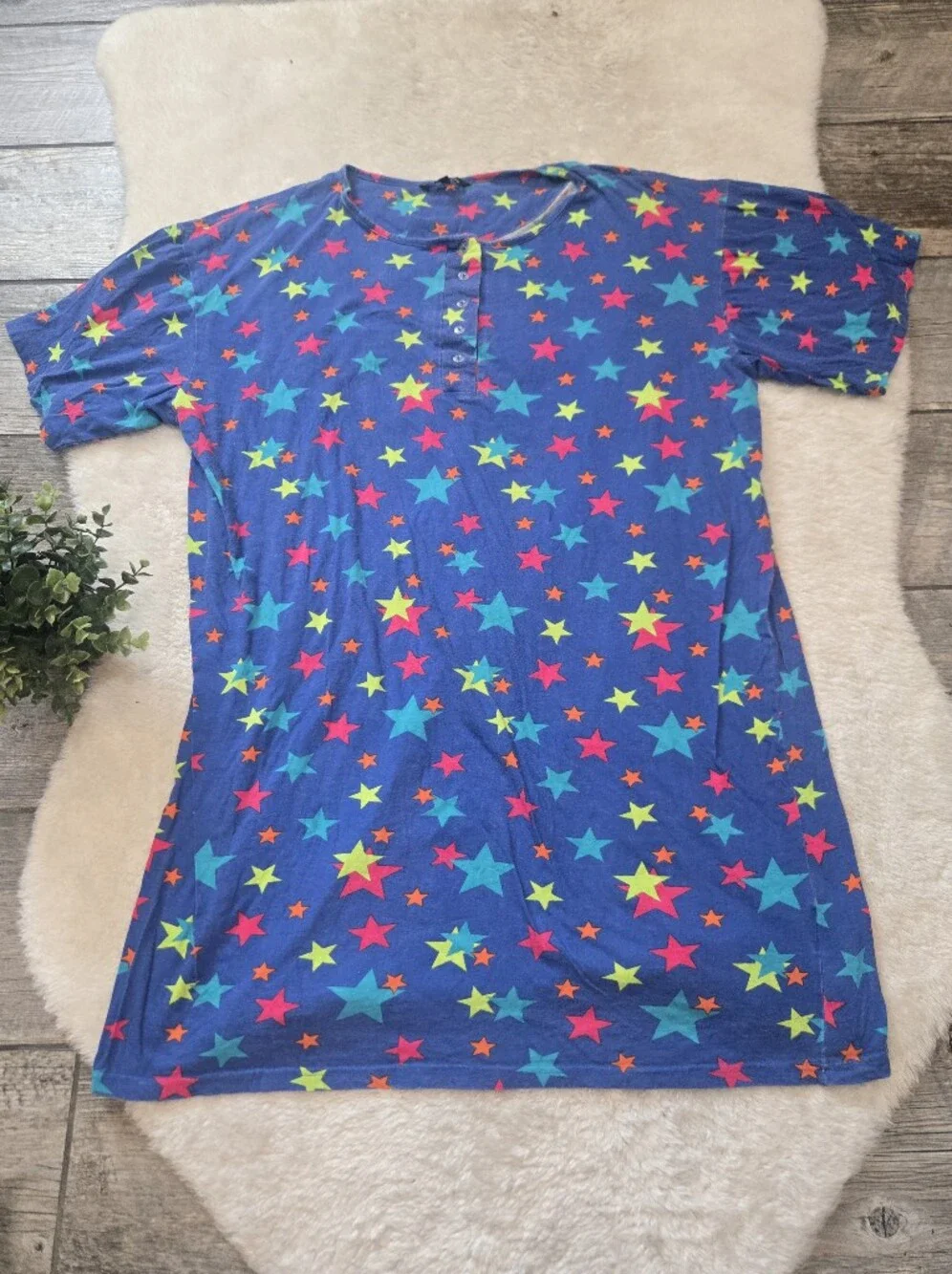 Just Love Blue Stars Short Sleeve Whimsigoth Retro Cotton Sleep Shirt, 2X